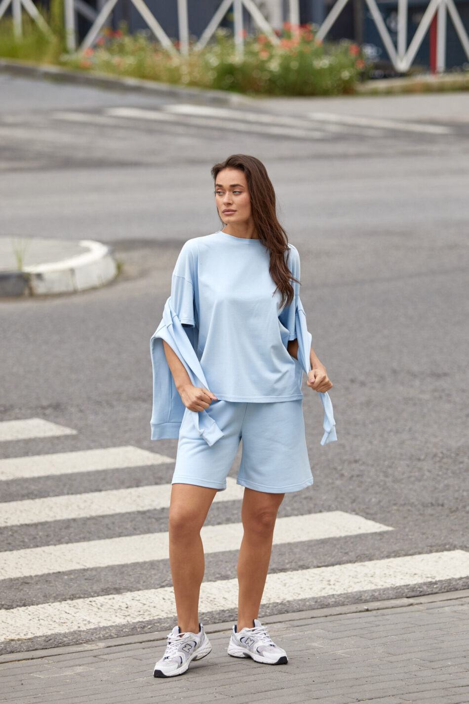 Жіночий літній костюм Шорти петля + Футболка кулір OVERSIZE Світлий Блакитний 1