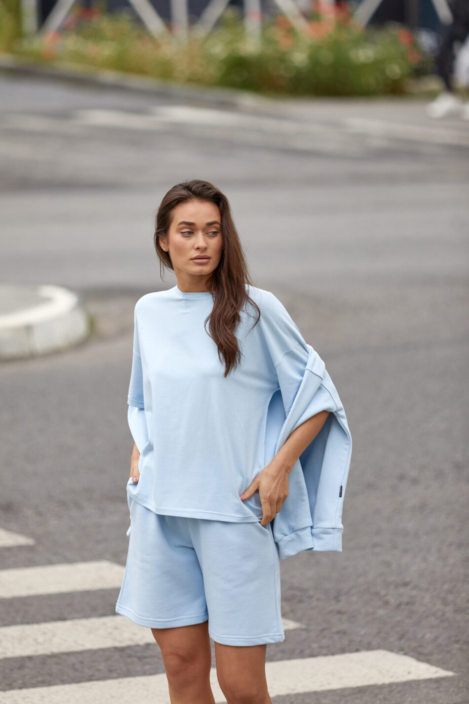 Жіночий літній костюм Шорти петля + Футболка кулір OVERSIZE Світлий Блакитний 2