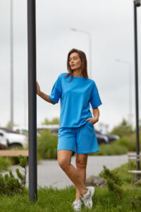 Жіночий літній костюм Шорти петля + Футболка кулір OVERSIZE Блакитний 1