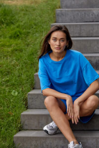 Жіночий літній костюм Шорти петля + Футболка кулір OVERSIZE Блакитний 6