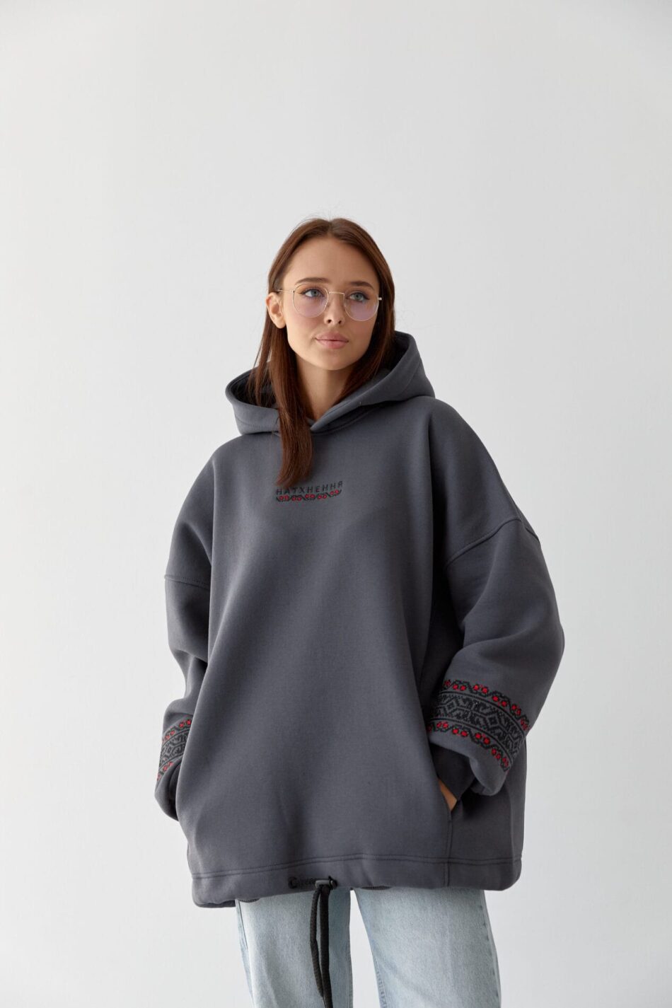Тепле жіноче Худі OVERSIZE з Вишивкою Графіт - Зображення 9