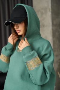 Тепле жіноче Худі OVERSIZE з Вишивкою Темна М'ята 2